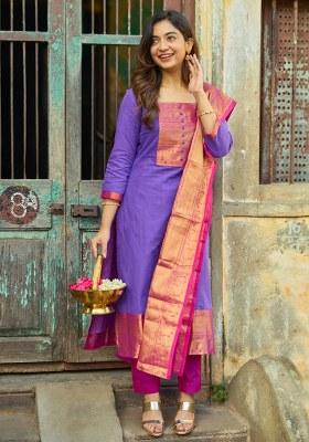 Purple Zari Work Cotton Straight Kurta Set
