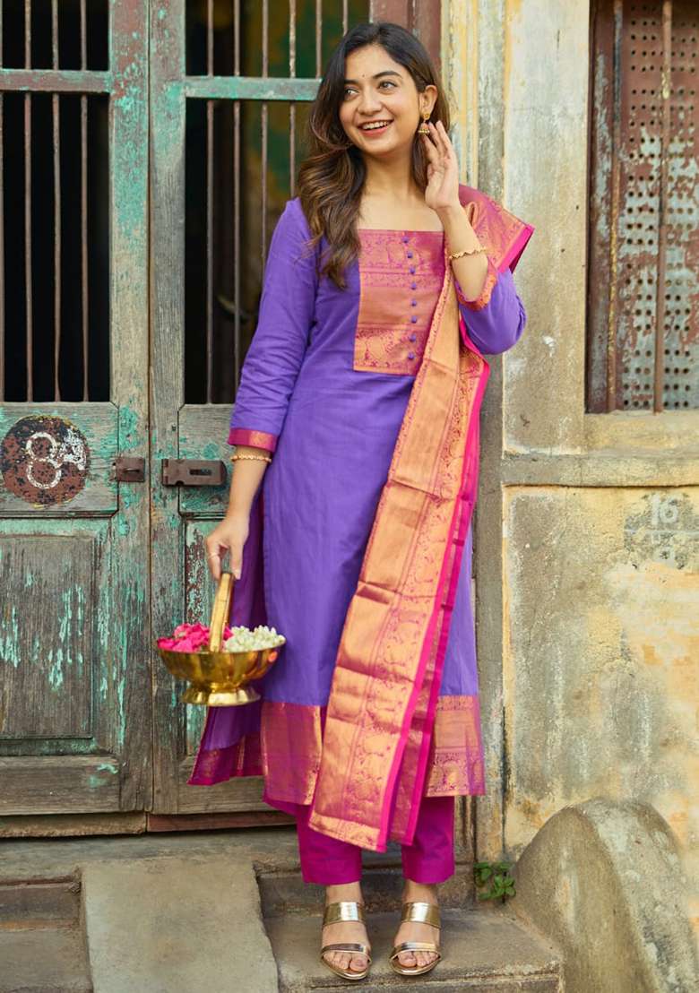 Purple Zari Work Cotton Straight Kurta Set - Indya