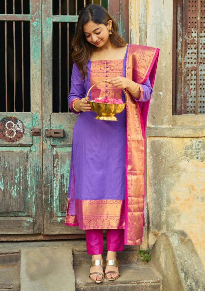 Purple Zari Work Cotton Straight Kurta Set - Indya