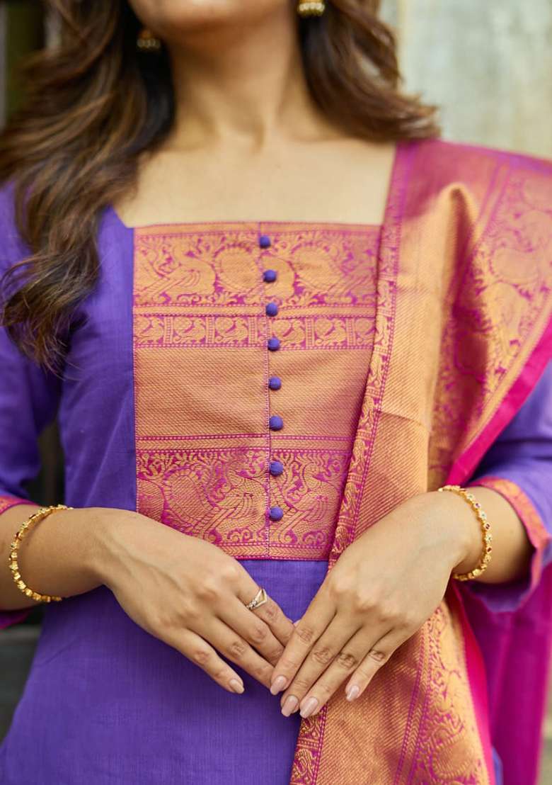 Purple Zari Work Cotton Straight Kurta Set - Indya