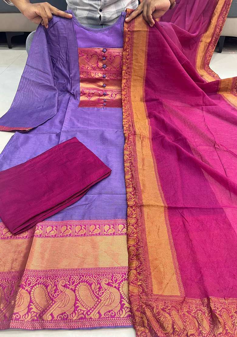 Purple Zari Work Cotton Straight Kurta Set - Indya