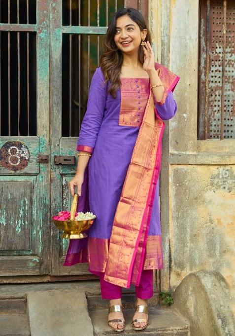 Purple Printed Cotton  Kurta Pant Set