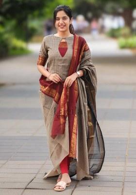 Grey Checked Cotton Straight Kurta Set