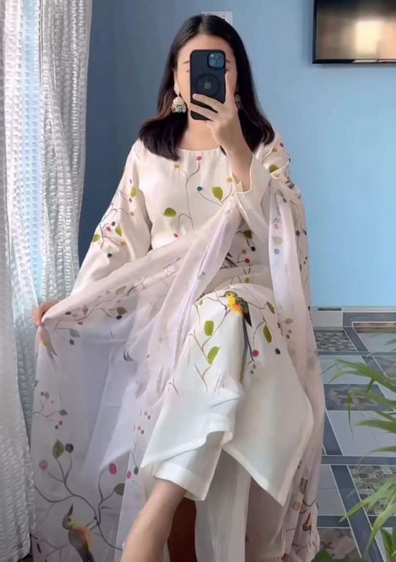 White Floral Print Organza Pakistani Suit Set - Indya