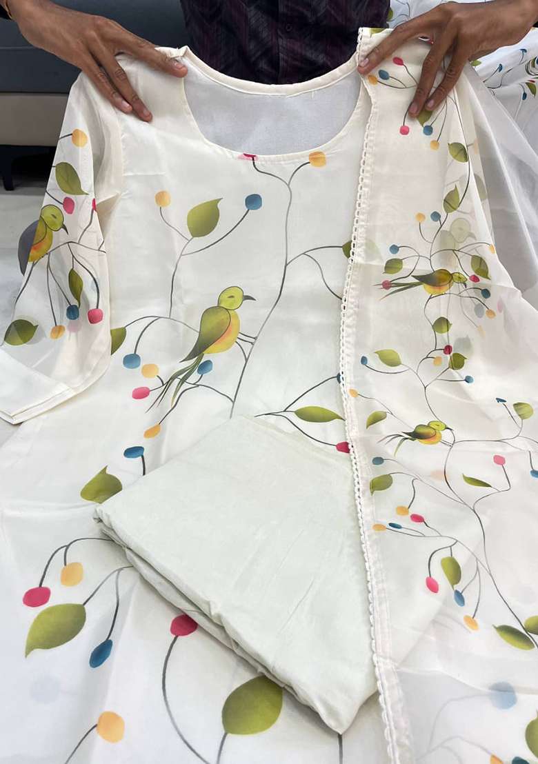 White Floral Print Organza Pakistani Suit Set - Indya