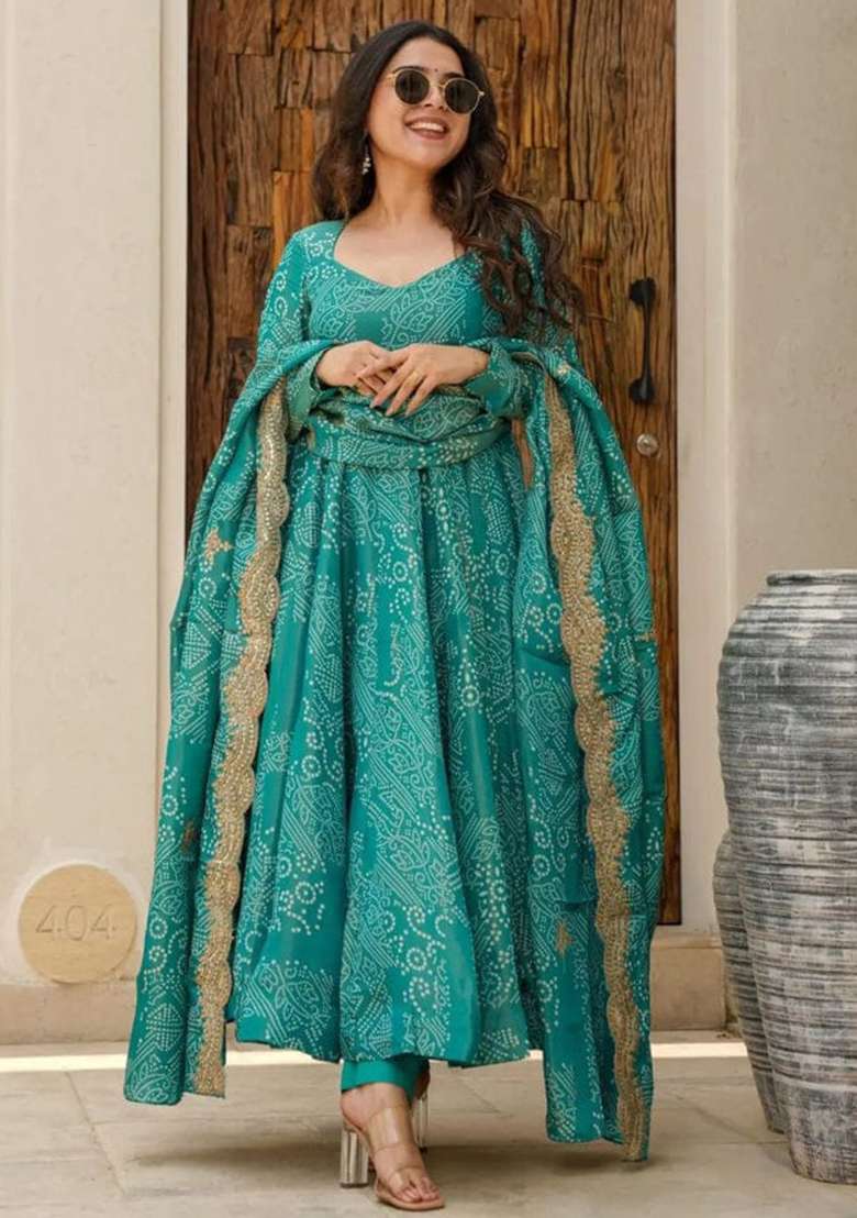 Green Printed Cotton Anarkali Set - Indya