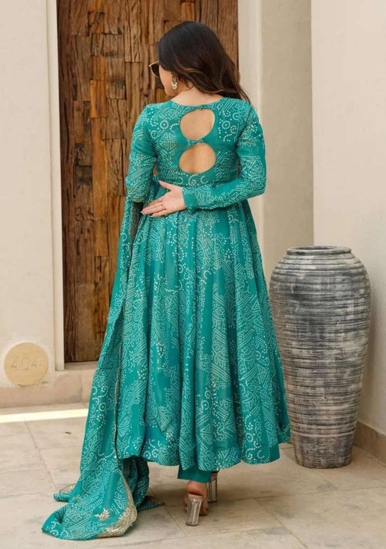 Green Printed Cotton Anarkali Set - Indya