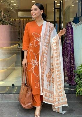 Orange Embroidery Cotton  Kurta Pant Set
