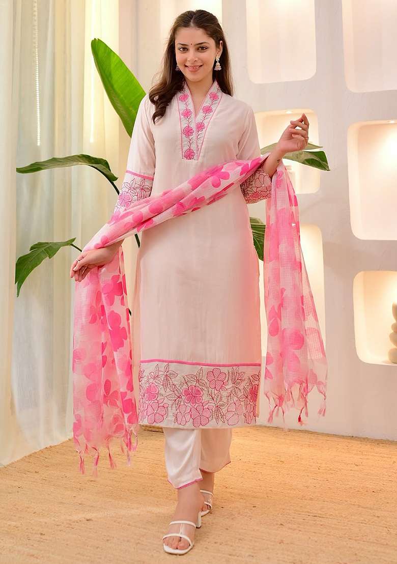 White Embroidered Cotton Straight Kurta Set - Indya