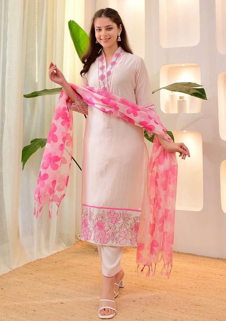 White Embroidered Cotton Straight Kurta Set - Indya