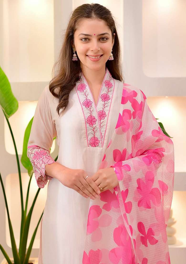 White Embroidered Cotton Straight Kurta Set - Indya