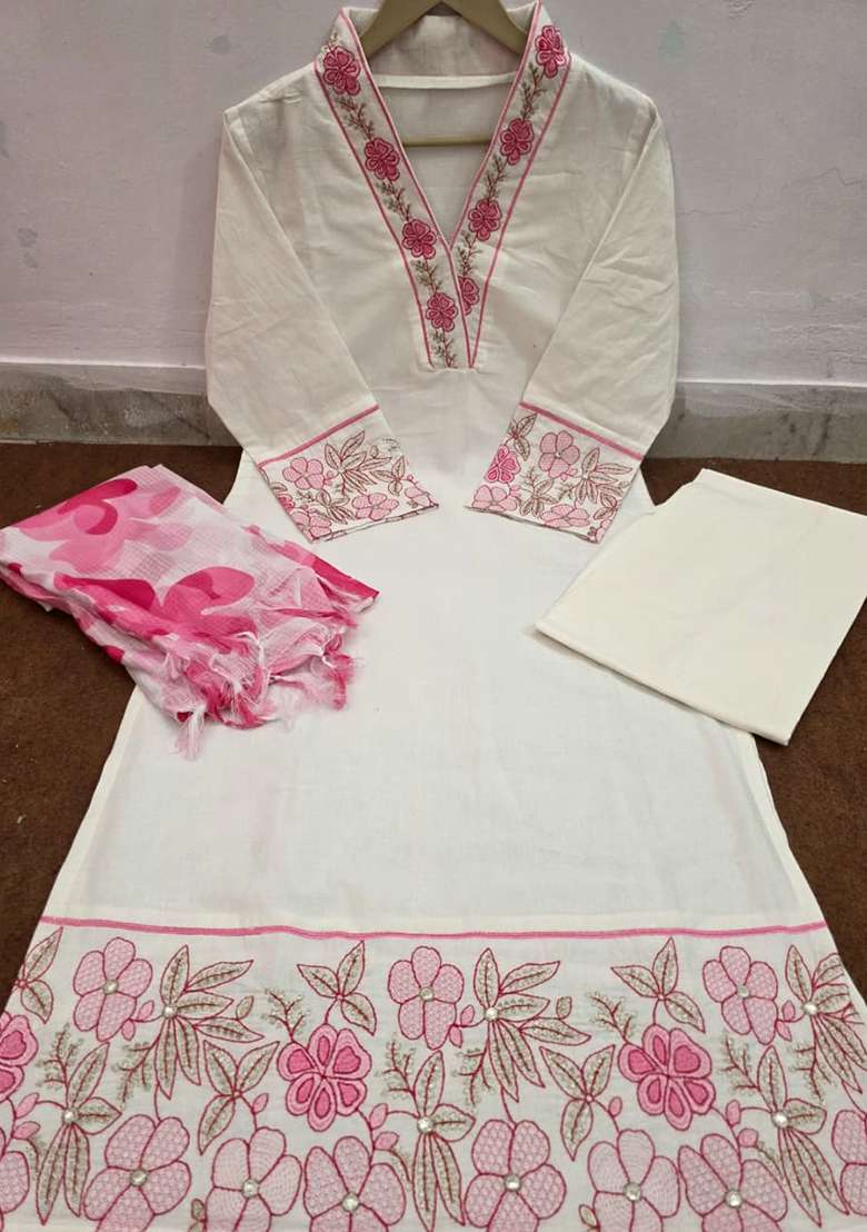 White Embroidered Cotton Straight Kurta Set - Indya