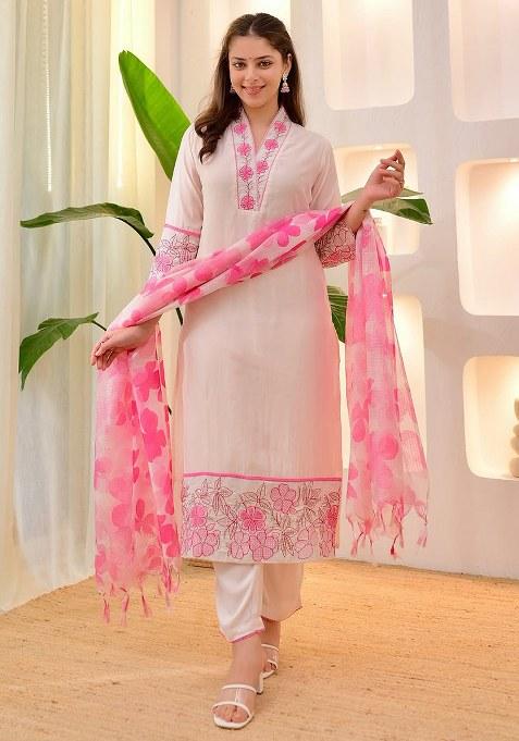 White Embroidery Cotton  Kurta Pant Set