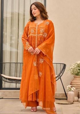 Orange Embroidery Cotton  Kurta Pant Set
