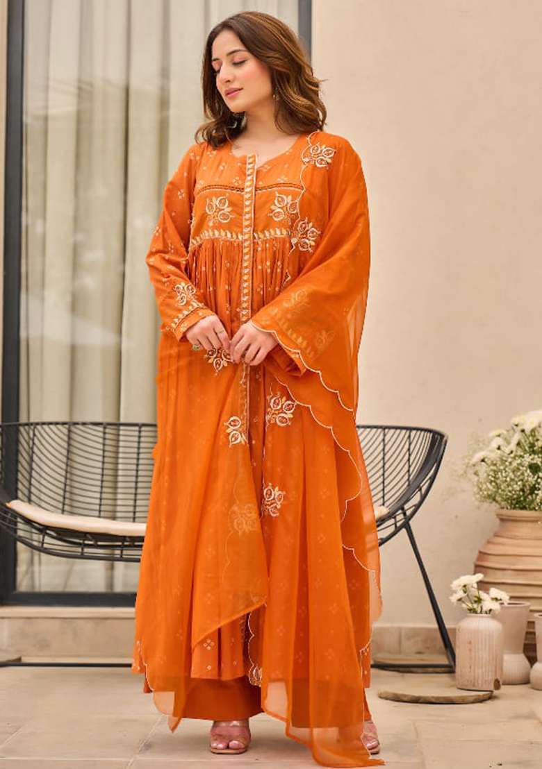 Orange Embroidered Cotton A Line Kurta Set - Indya