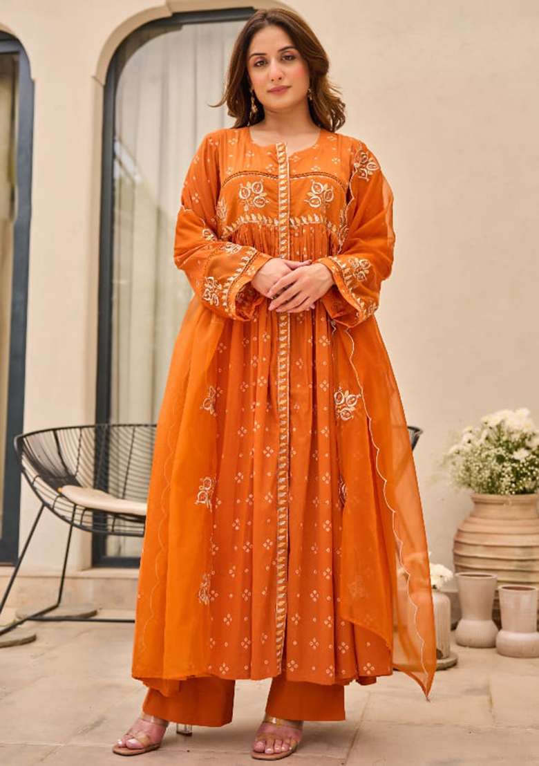 Orange Embroidered Cotton A Line Kurta Set - Indya