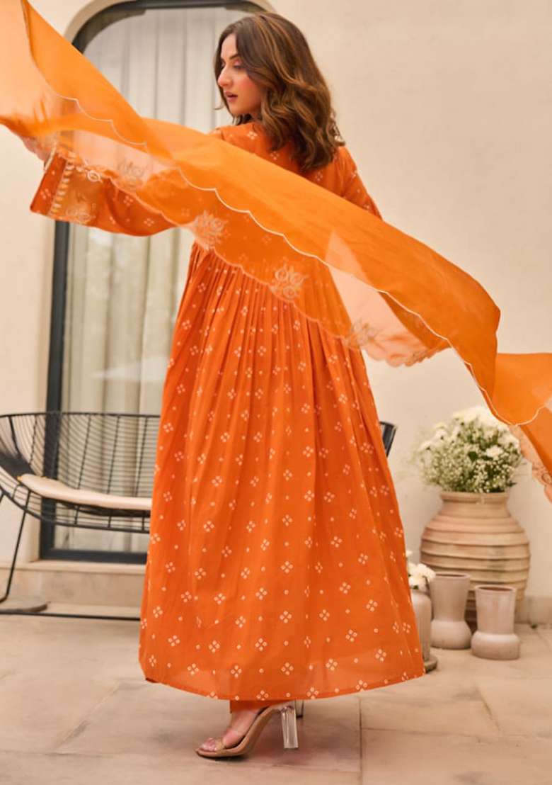 Orange Embroidered Cotton A Line Kurta Set - Indya