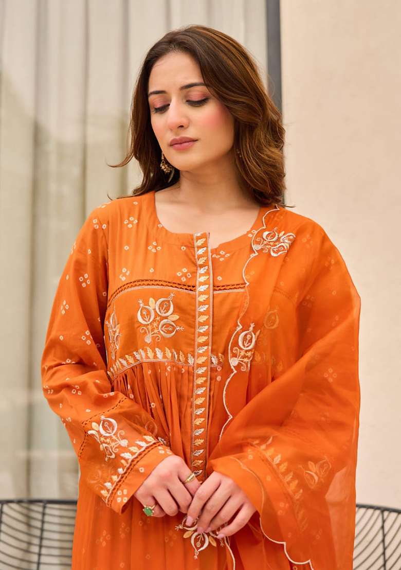 Orange Embroidered Cotton A Line Kurta Set - Indya