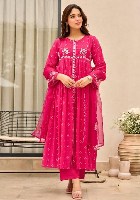 Pink Embroidery Cotton  Kurta Pant Set
