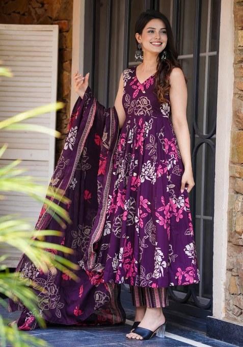 Purple Printed Cotton  Kurta Pant Set