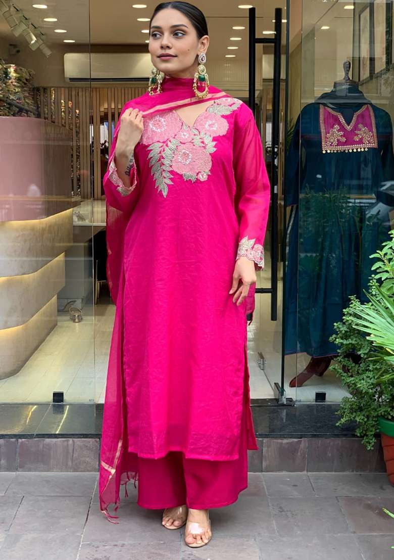 Pink Embroidered Cotton Straight Kurta Set - Indya