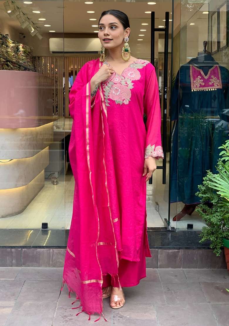 Pink Embroidered Cotton Straight Kurta Set - Indya