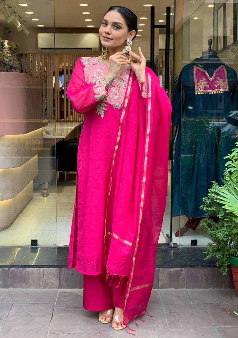 Pink Embroidered Cotton Straight Kurta Set - Indya