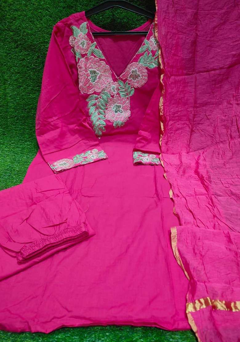 Pink Embroidered Cotton Straight Kurta Set - Indya