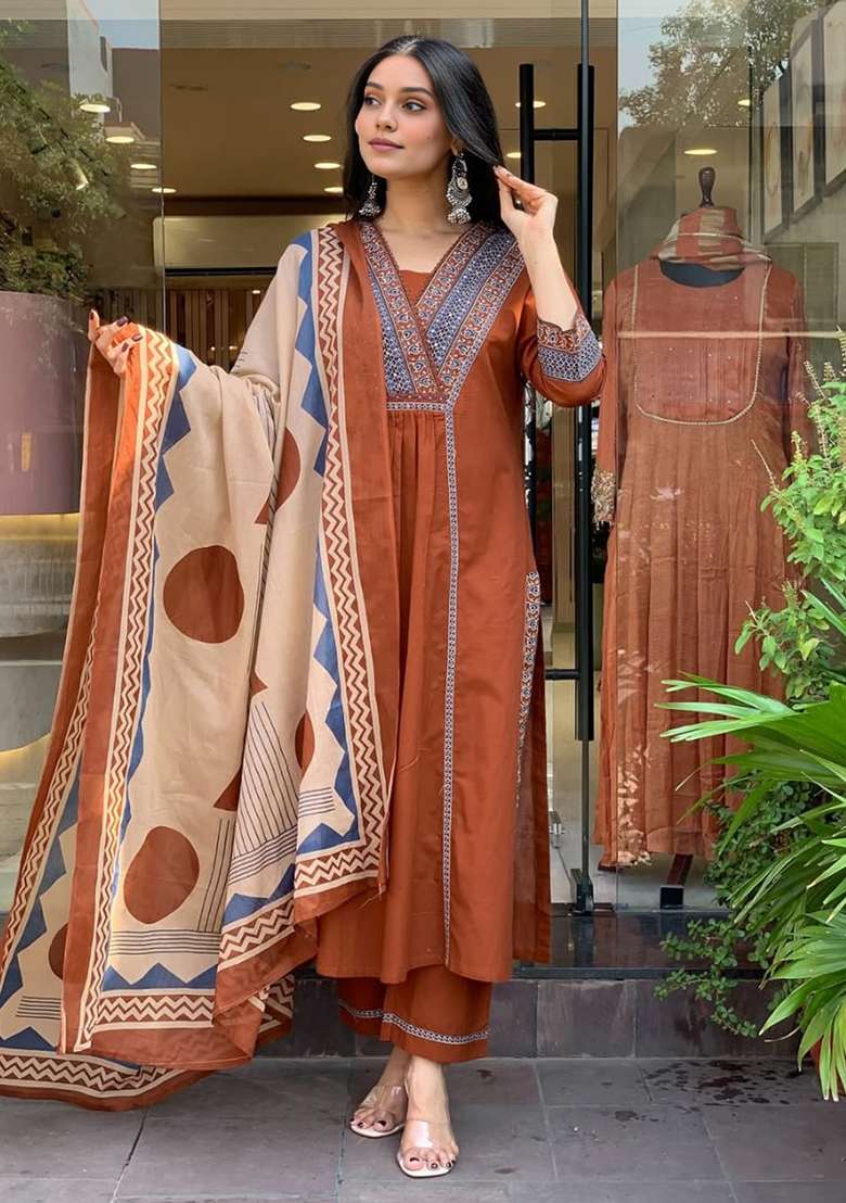 Rust Embroidered Cotton Straight Kurta Set - Indya