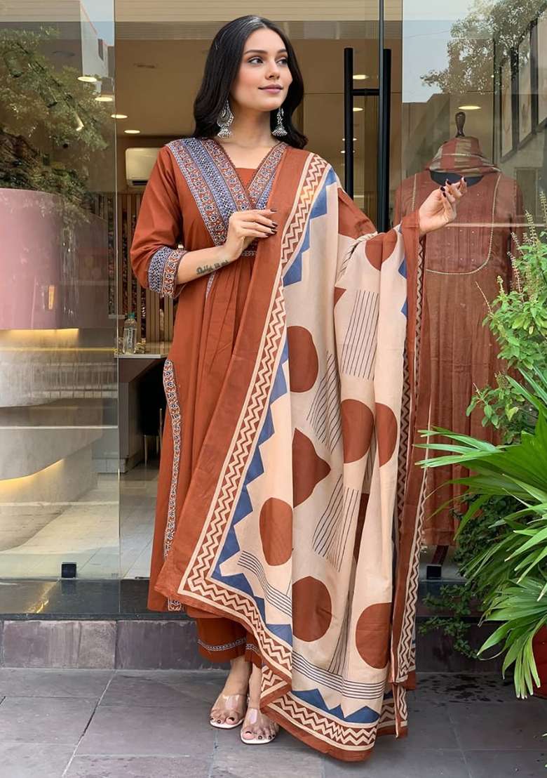 Rust Embroidered Cotton Straight Kurta Set - Indya