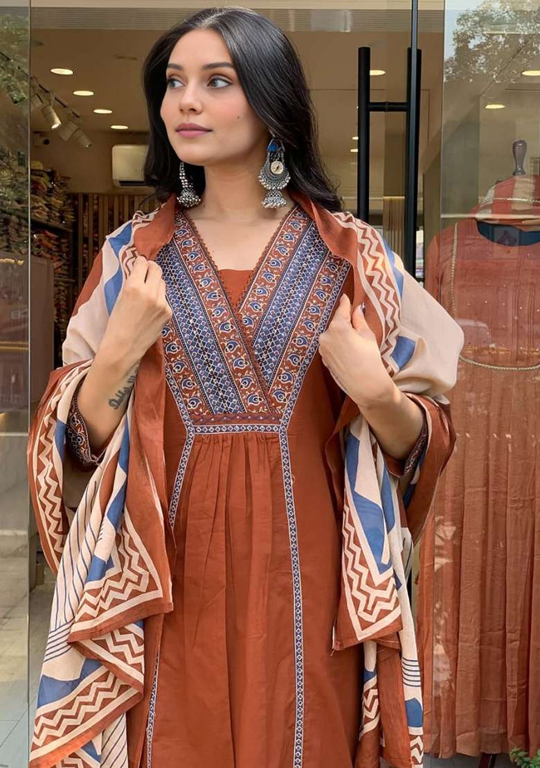 Rust Embroidered Cotton Straight Kurta Set - Indya