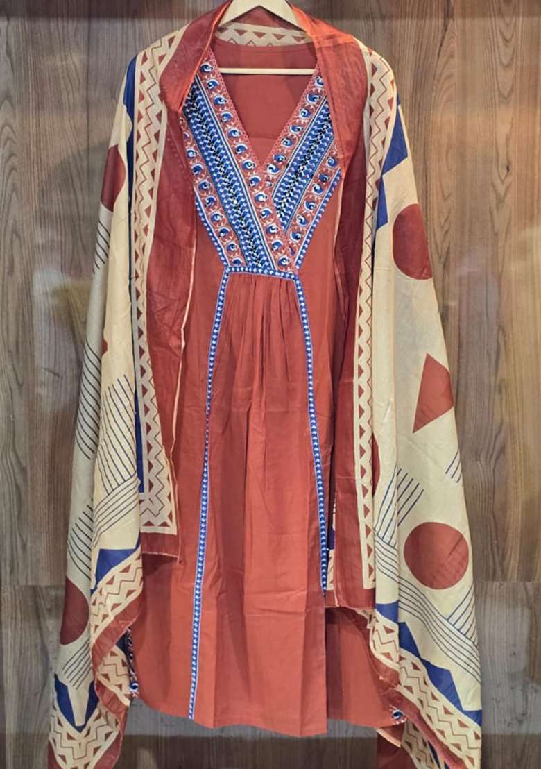 Rust Embroidered Cotton Straight Kurta Set - Indya