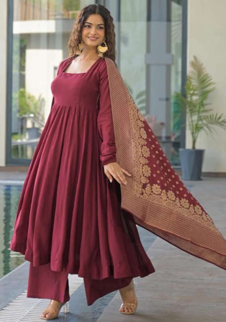 Maroon Solid Cotton Anarkali Set - Indya