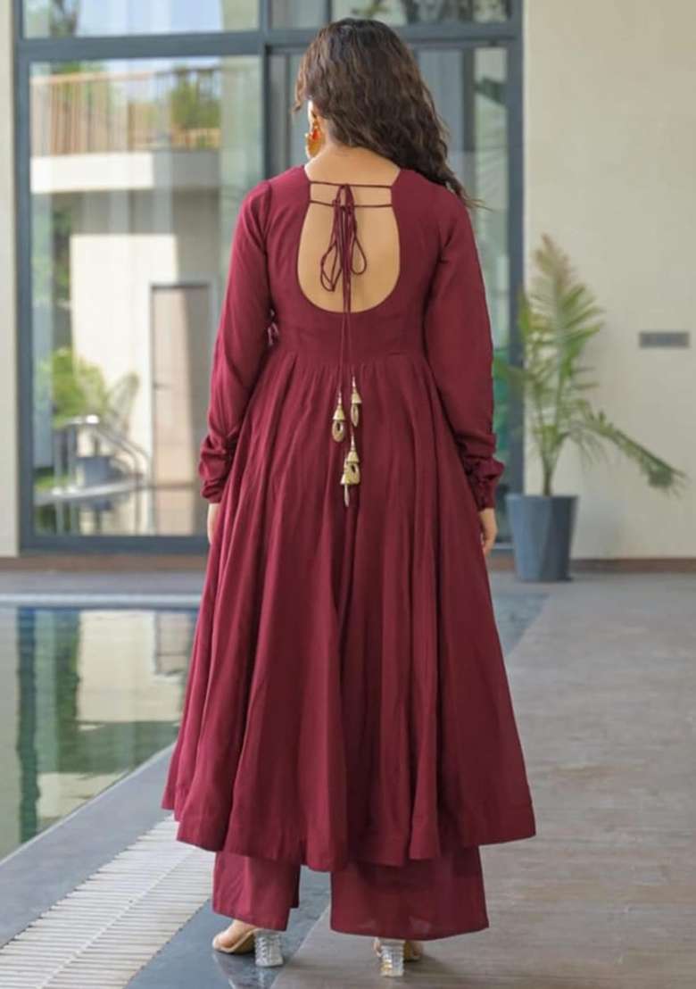Maroon Solid Cotton Anarkali Set - Indya