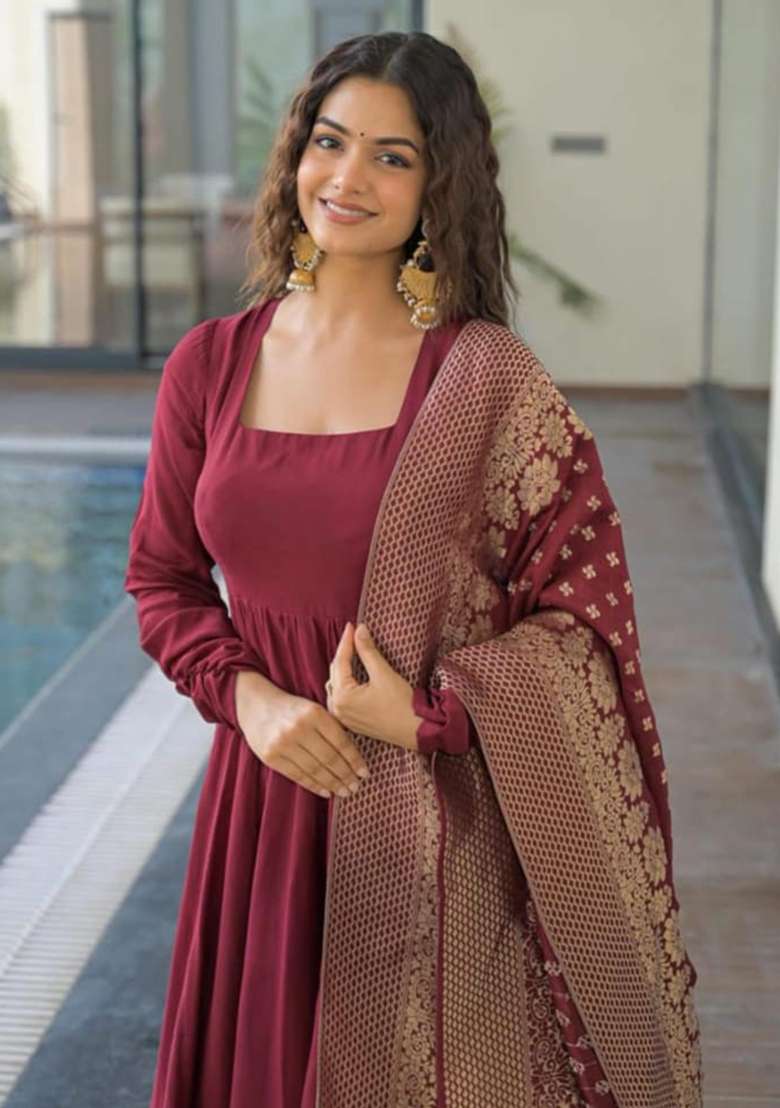 Maroon Solid Cotton Anarkali Set - Indya
