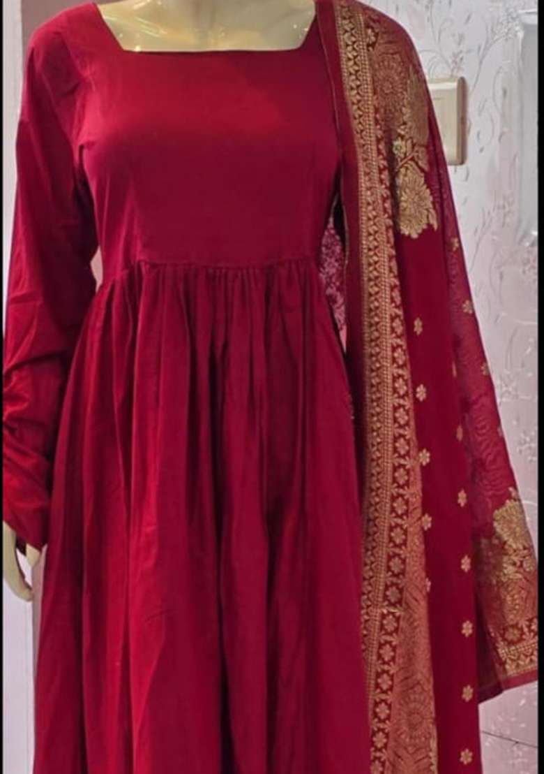 Maroon Solid Cotton Anarkali Set - Indya