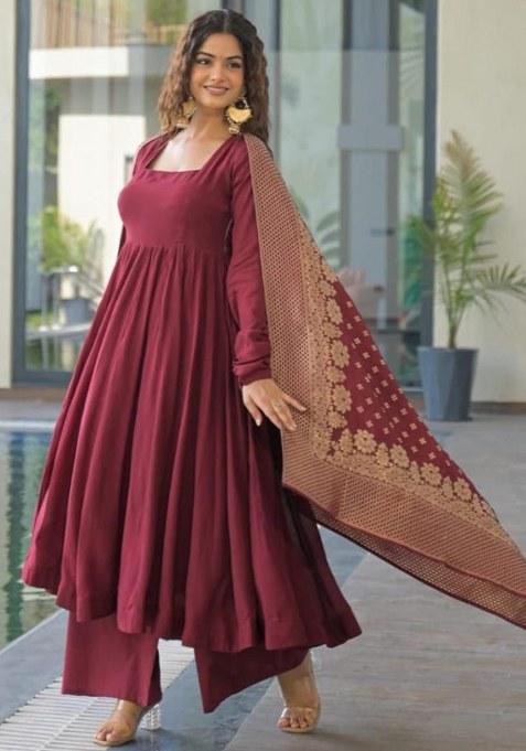 Maroon Printed Cotton  Kurta Pant Set