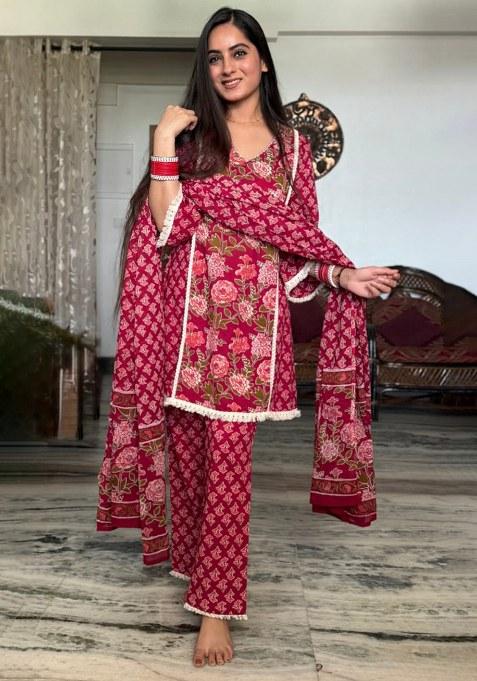 Red Printed Cotton  Kurta Pant Set