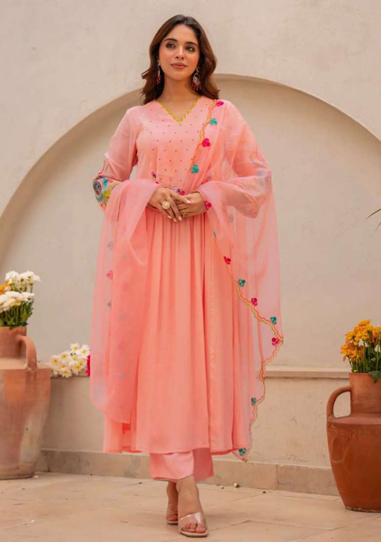 Peach Embroidered Cotton A Line Kurta Set - Indya