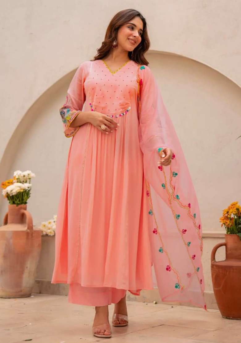 Peach Embroidered Cotton A Line Kurta Set - Indya