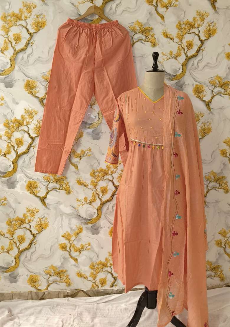 Peach Embroidered Cotton A Line Kurta Set - Indya