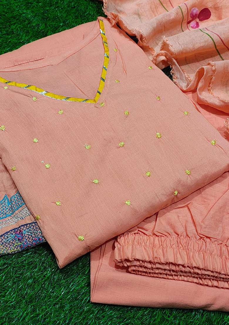Peach Embroidered Cotton A Line Kurta Set - Indya