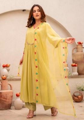 Yellow Embroidery Cotton  Kurta Pant Set