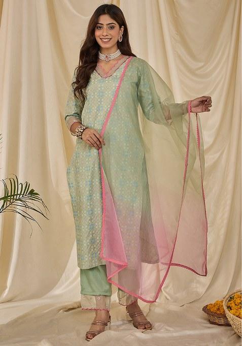 Pastel Green Printed  Art Silk Kurta Set