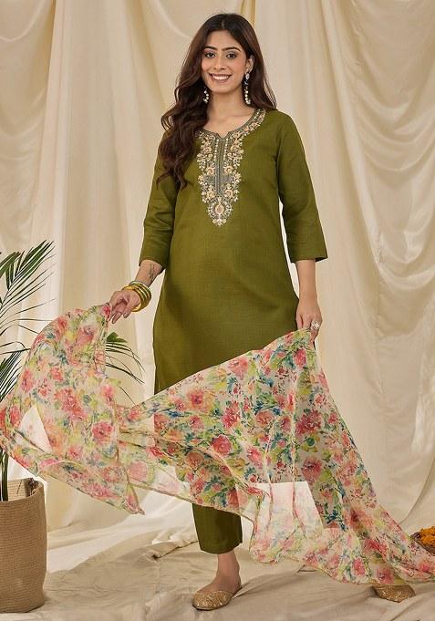 Olive Green Embroidery Cotton Blend Kurta Set