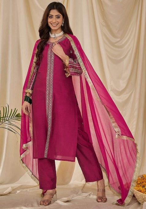 Magenta Embroidery Silk Blend Kurta Set