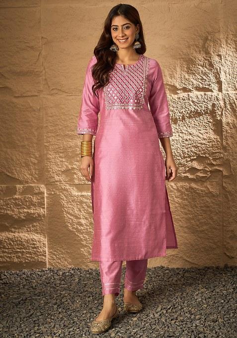 Pink Embroidery Silk Blend Kurta Set