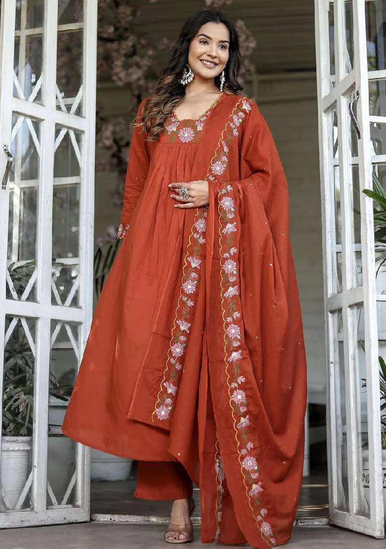 Orange Embroidery Silk Blend Kurta Set - Indya