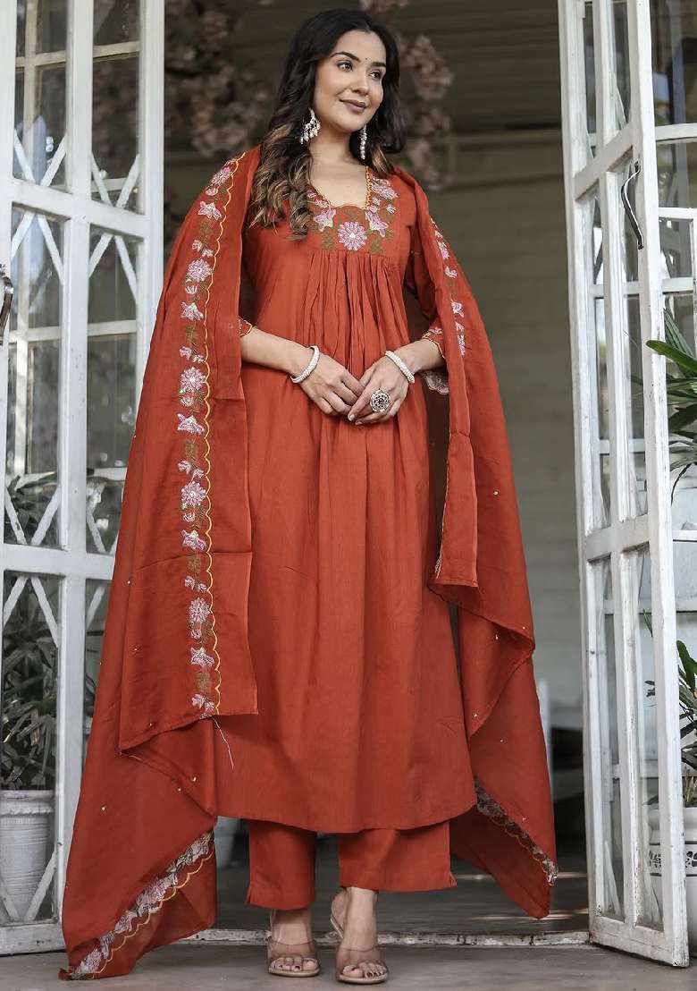 Orange Embroidery Silk Blend Kurta Set - Indya