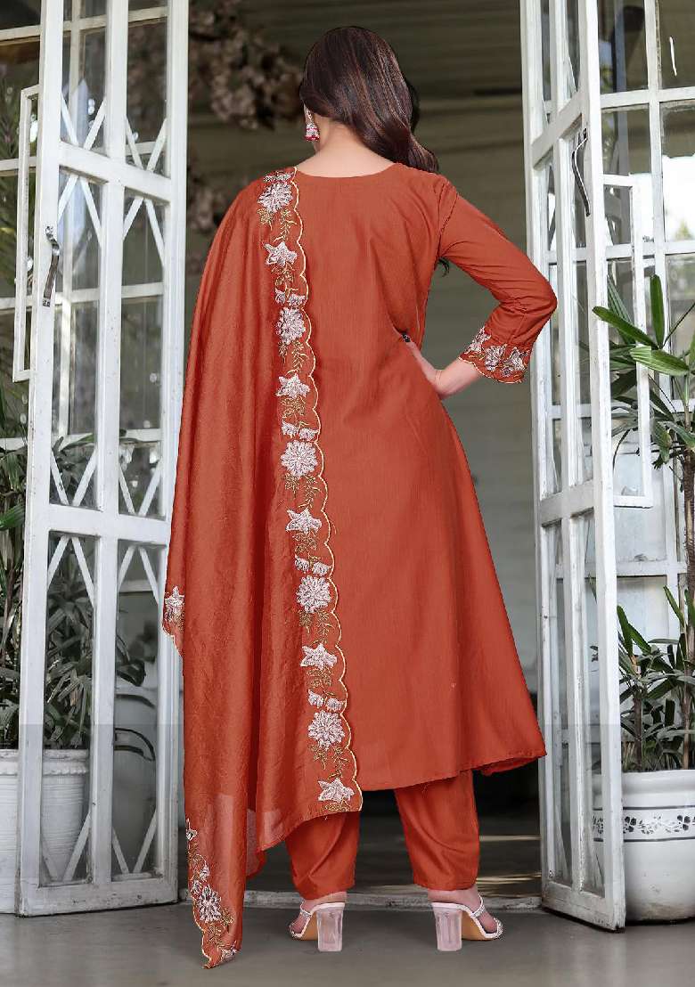 Orange Embroidery Silk Blend Kurta Set - Indya